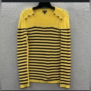 Talbots Women’s Yellow Navy Striped Sweater M | Pointelle Knit Yoke EUC